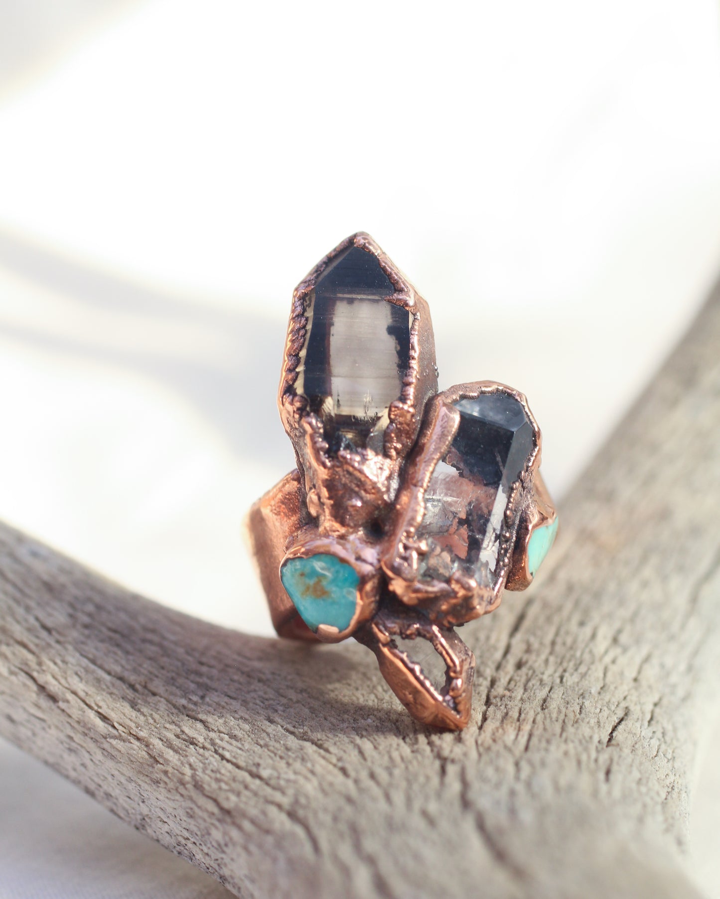 Smoky Quartz, Quartz, and Turquoise statement ring - Size 6