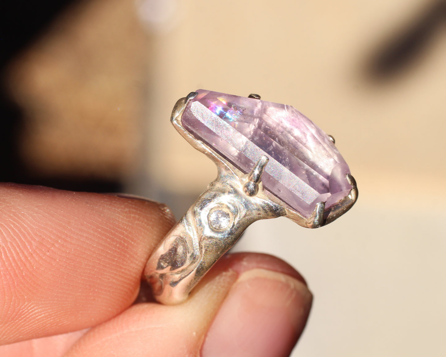 Hand faceted Amethyst and faceted Topaz ring in Silver - Size 8.25