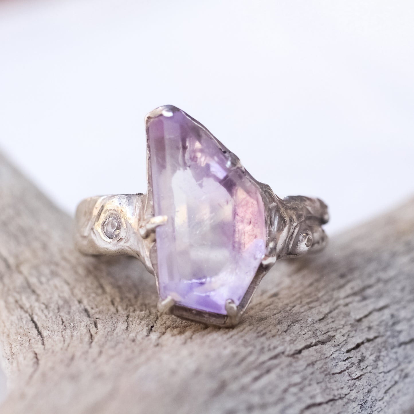 Hand faceted Amethyst and faceted Topaz ring in Silver - Size 8.25