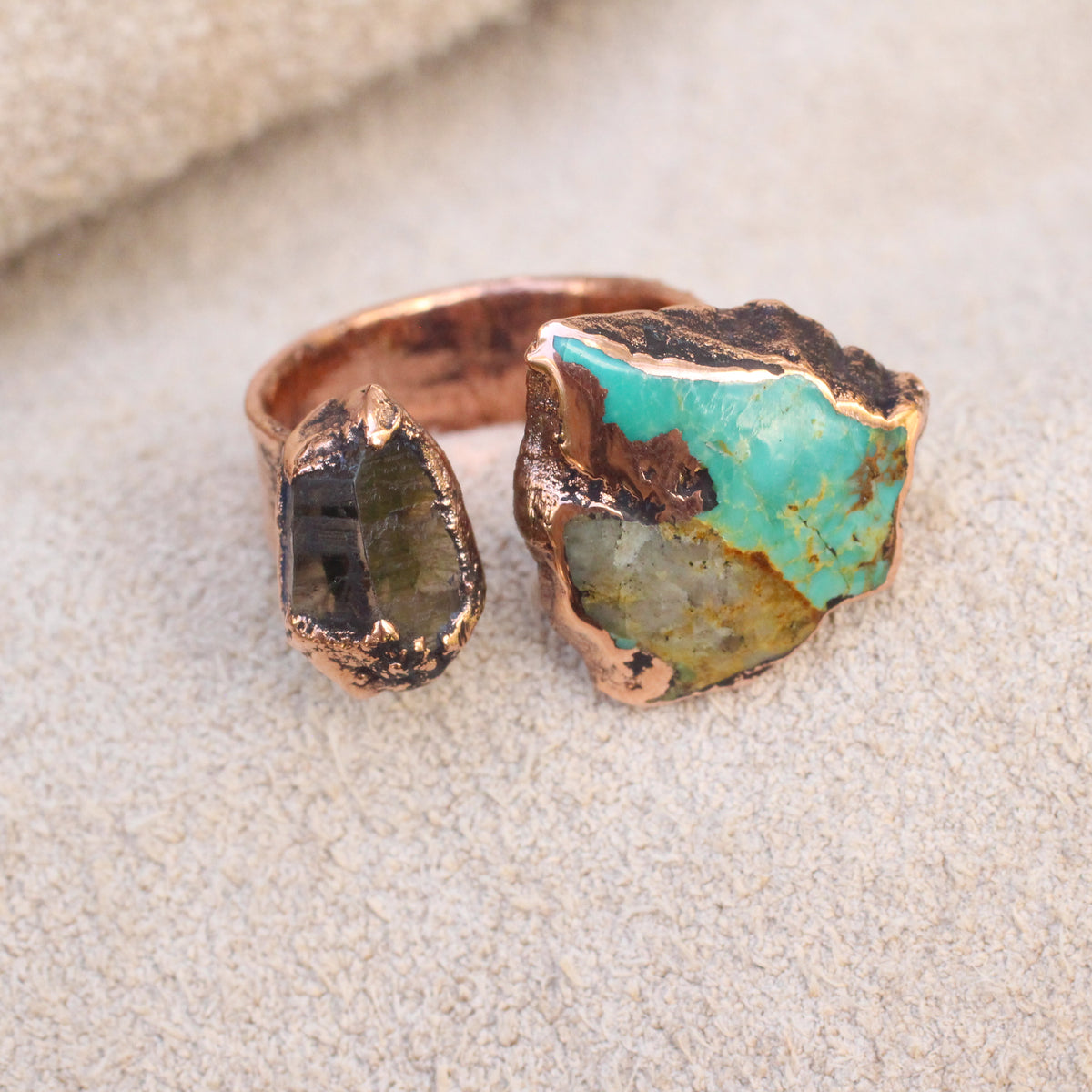 Smoky Quartz and Turquoise open Ring - Size 7.25