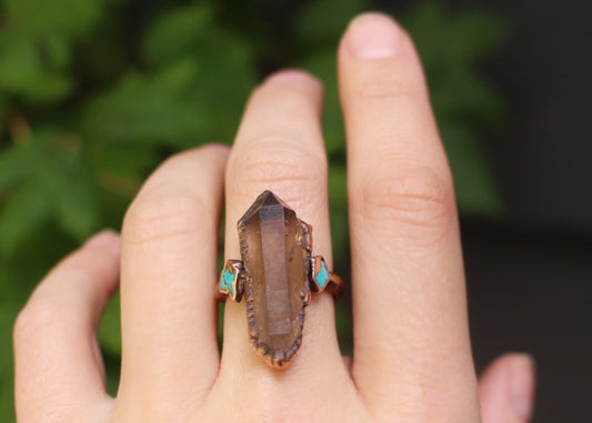 Double Terminated Smoky Quartz and Turquoise ring - Size 8.5