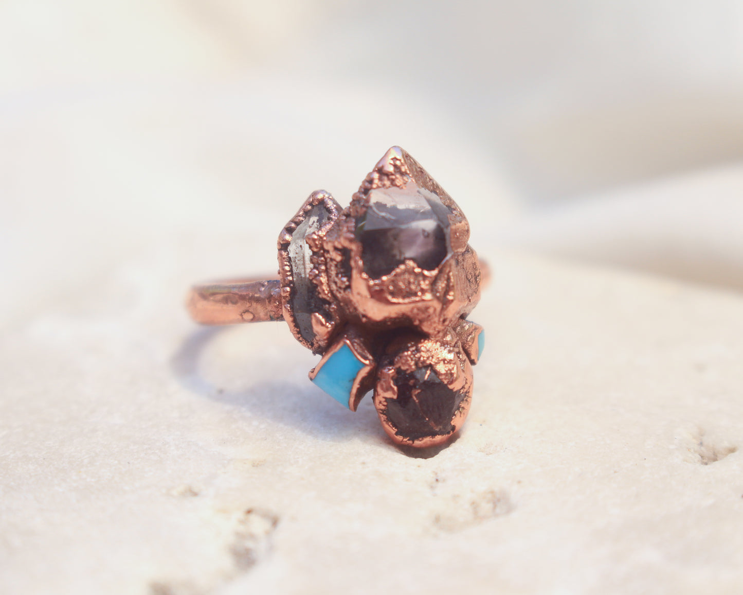 Light Smoky Amethyst, Garnet, Quartz and Turquoise ring - Size