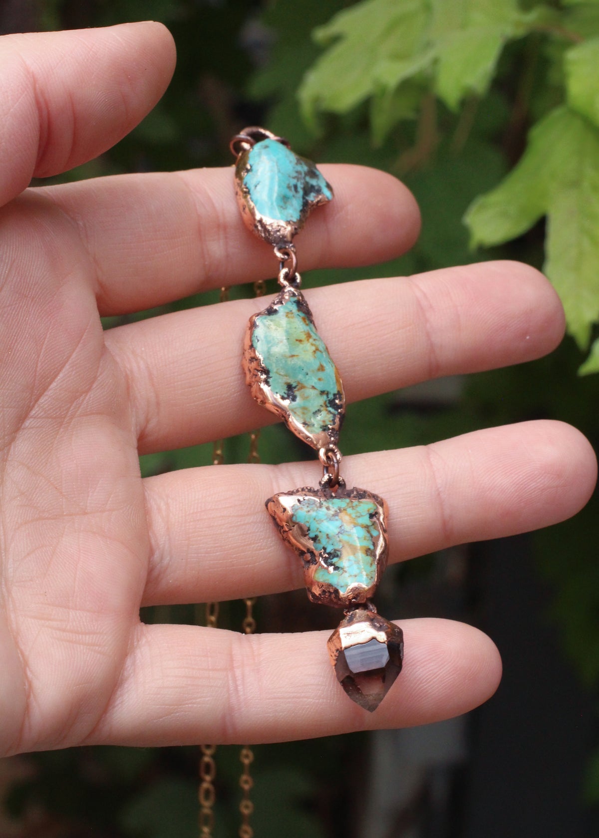 Raw Turquoise and Smoky Quartz tiered necklace