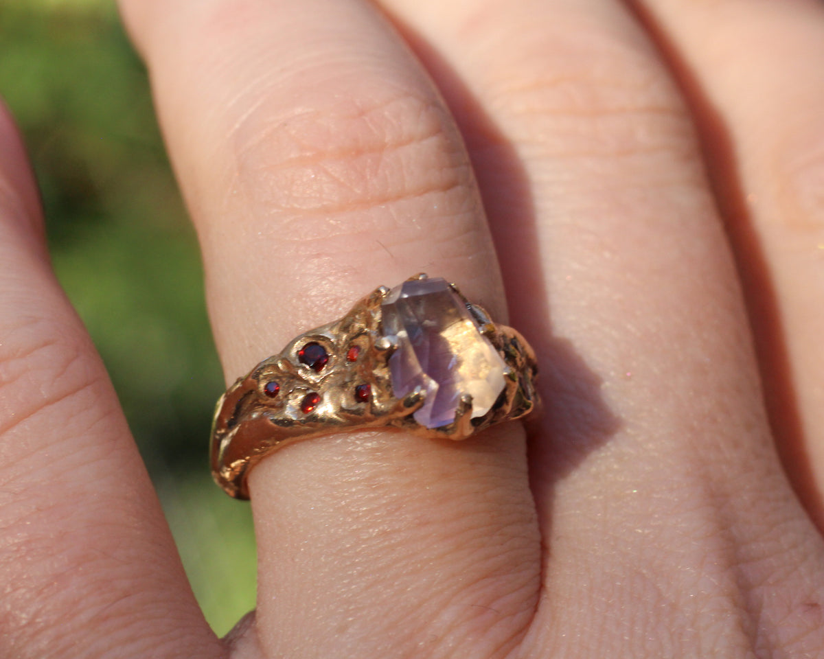 Light Amethyst and faceted Ruby Ring - Size 8.75