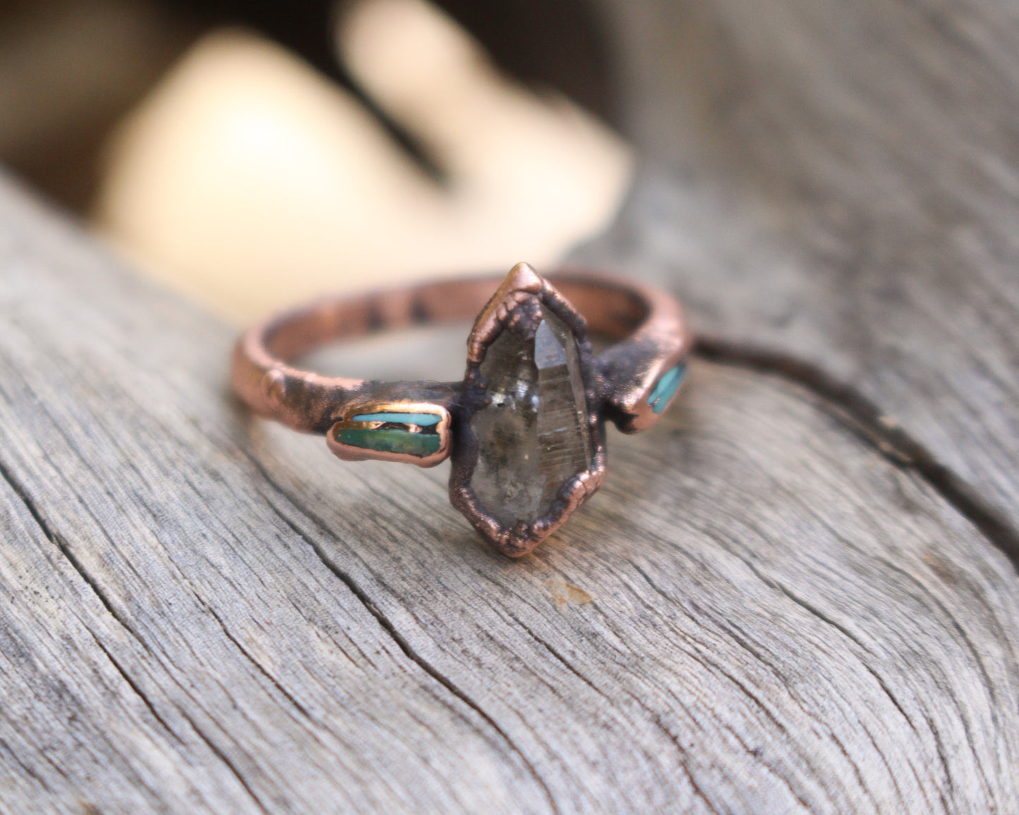 Little Smoky Quartz and Turquoise ring - Size 8