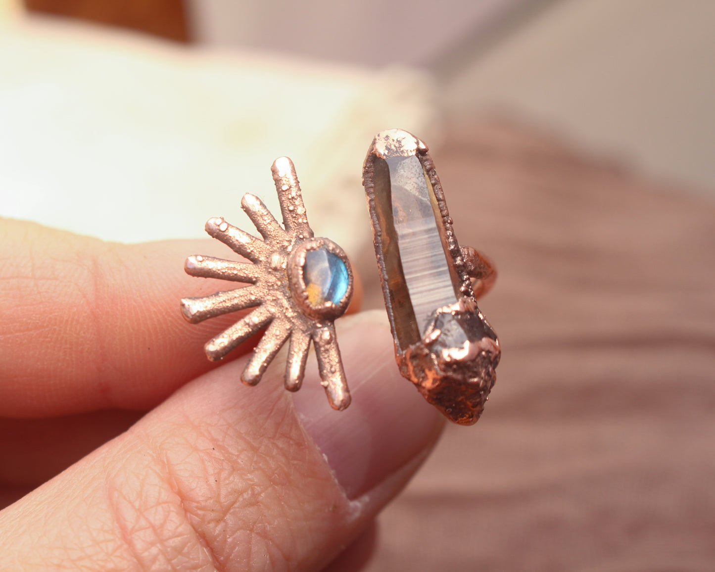 Smoky Quartz and Labradorite open style sun ring