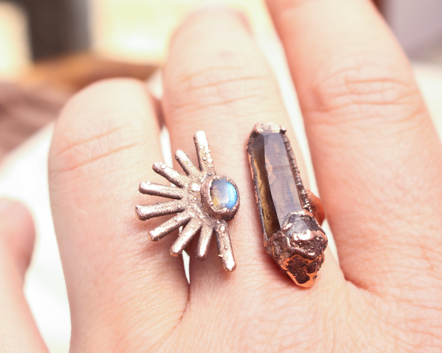 Smoky Quartz and Labradorite open style sun ring