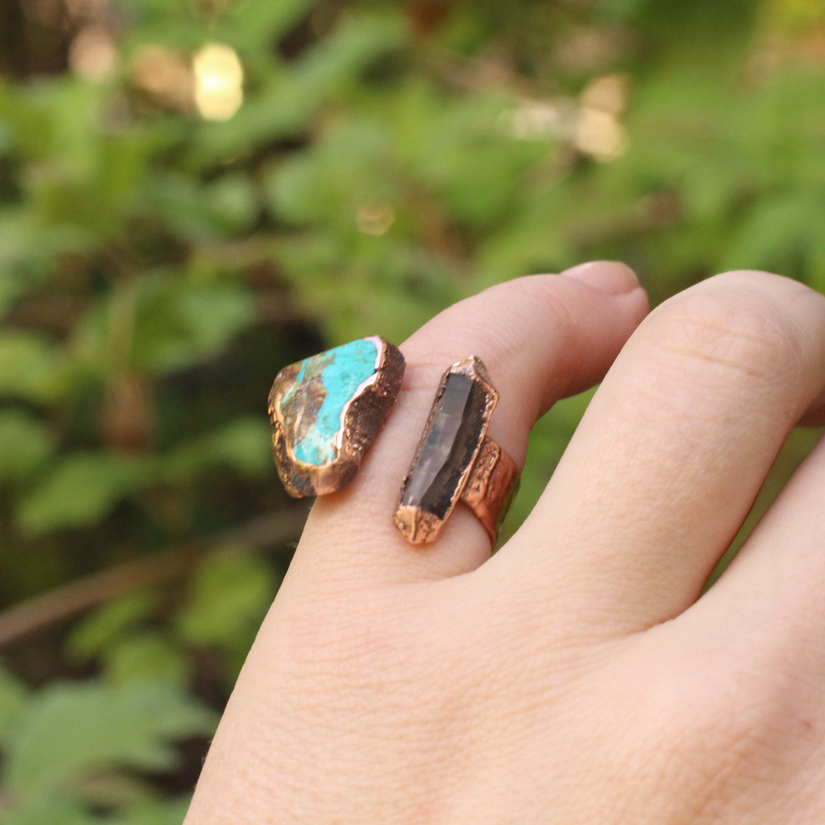 Smoky Quartz and Turquoise open Ring - size 6.75