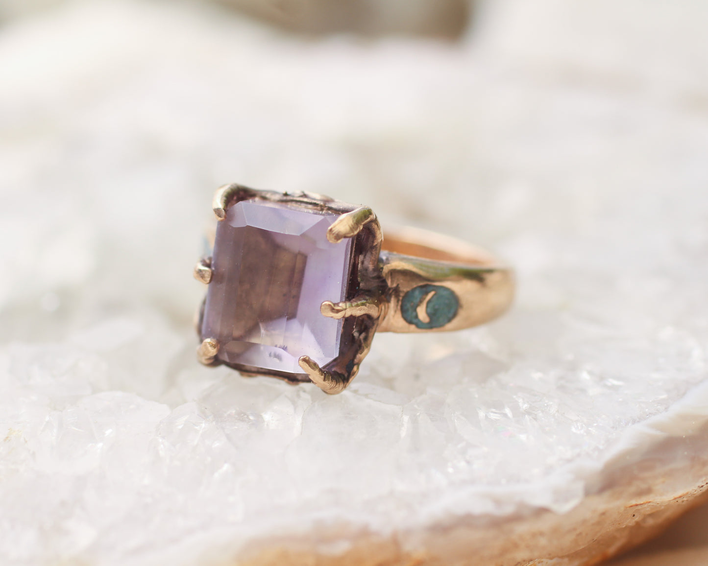 Hand faceted Amethyst and Turquoise moon ring - Size 7.75