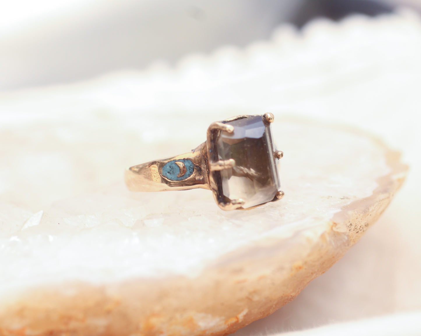 Hand faceted Smoky Quartz and inlaid Turquoise moon ring - Size 7.25
