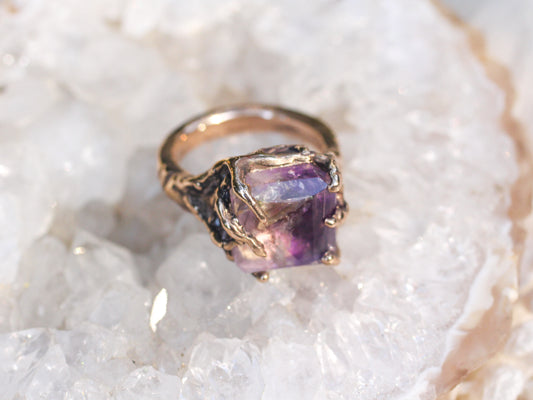 Smoky-Amethyst bi-color hand faceted ring - Size 7.25