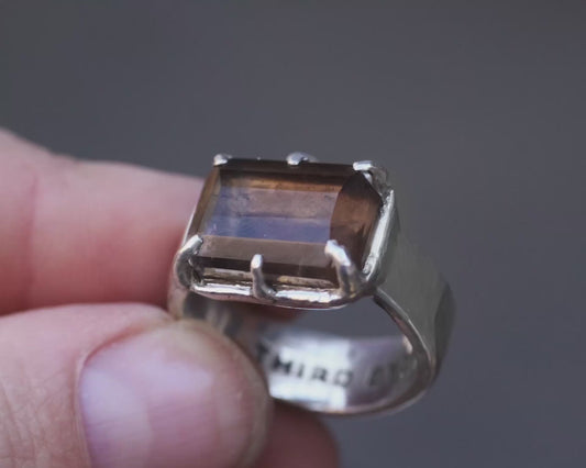 Hand faceted Smoky Quartz, hidden logo , thick band, Silver ring - Size 7.5